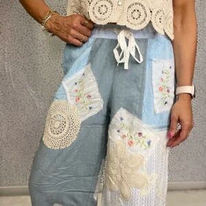 Handmade Boho Patchwork Wide Leg Pants - Light Blue